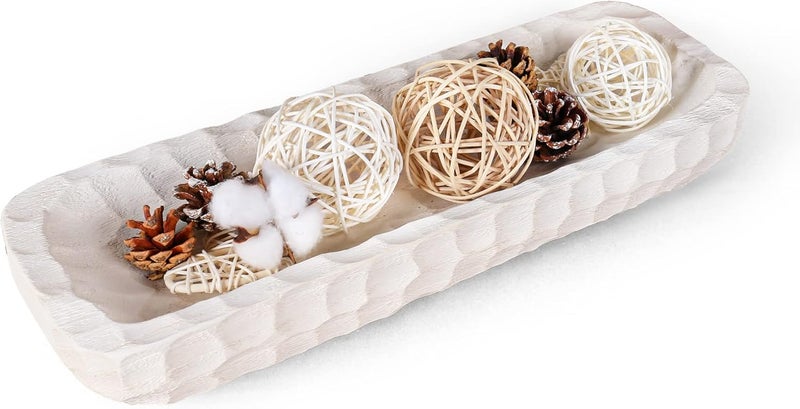 Oakrain Decorative Bowl for Home Decor, Long Dough Bowl with Hand Carved Irregular Texture, Unique Table Centerpieces, Wooden Home Decor Accents for Farmhouse Boho Rustic Style(16.1"x 5.5" Washed White) - Image 1